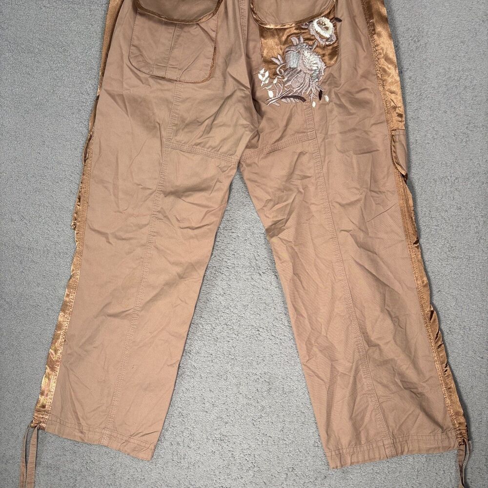 Cache Women’s Cropped Cargo Pants Size S Tan Brown Floral Boho Y2K Rave Fairy - Picture 12 of 15